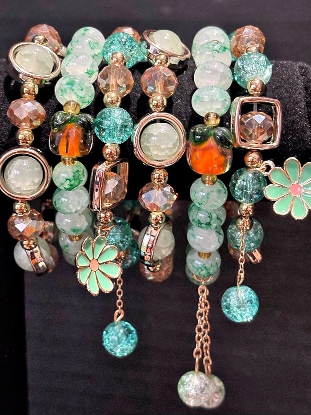 Floral Beaded Bracelet Stack in Green & Pink Like New